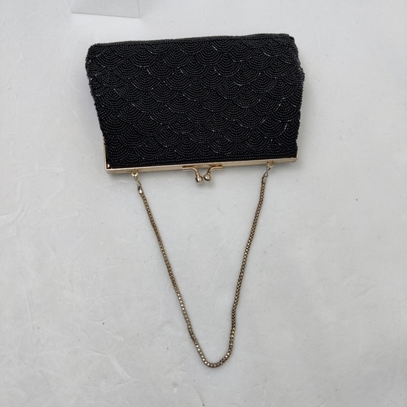 Vintage Beaded Clutch Handbag Pure Black, Satin Lining Chain Pocket Clasp Top - Picture 8 of 16